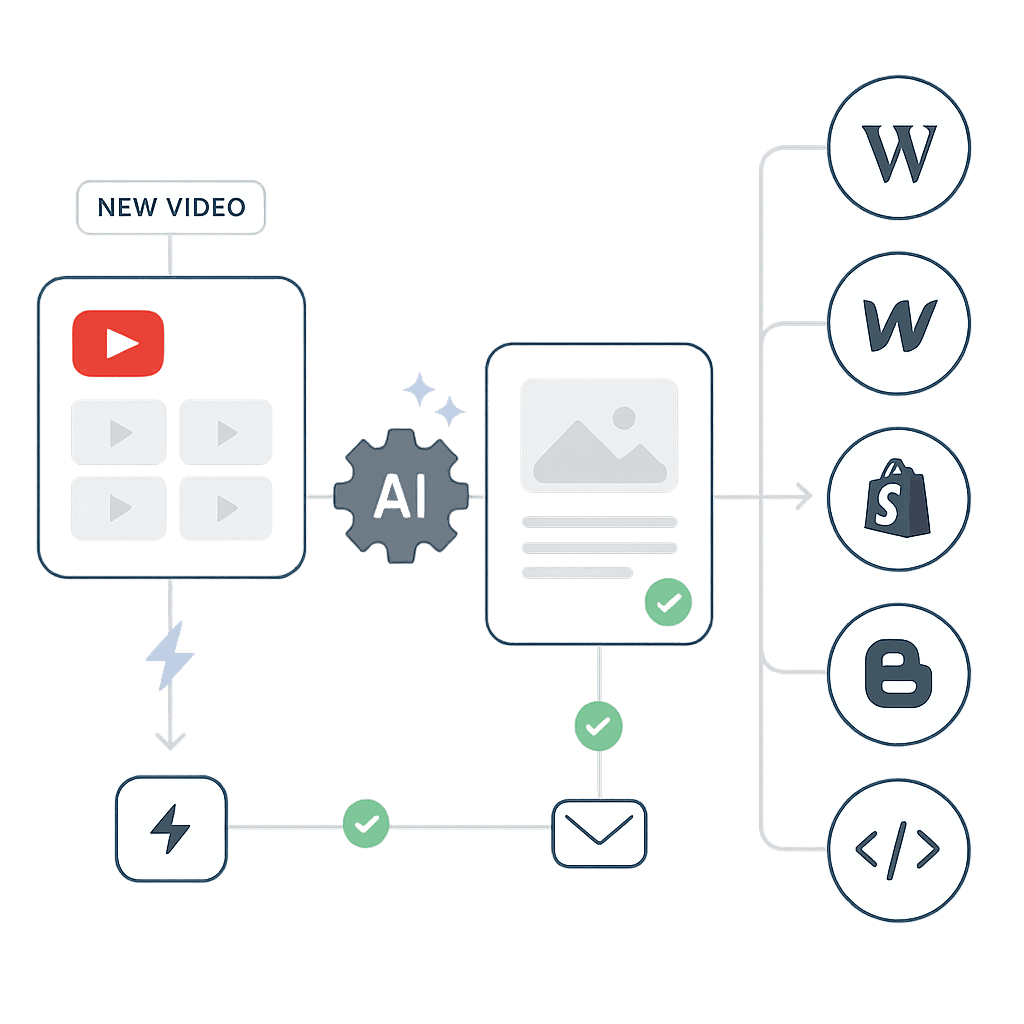 Automation on a blog post being created after a new YouTube video is released on a channel and then blog post is sent to a website for publishing.