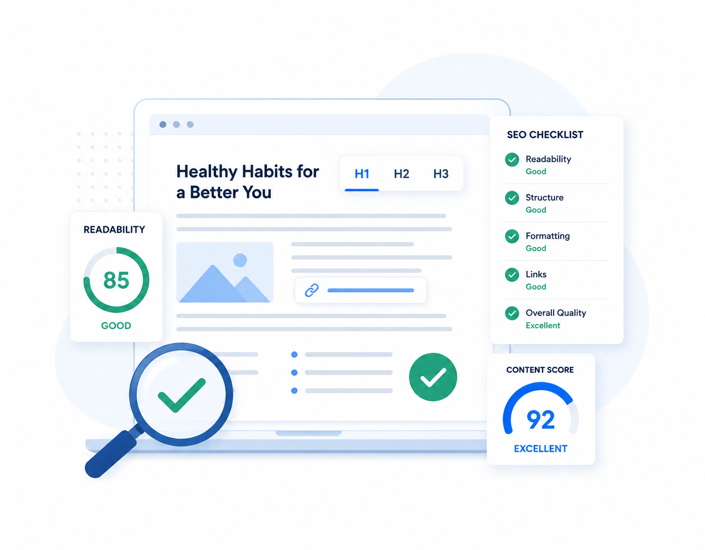 SEO quality checks interface showing content analysis and optimization review